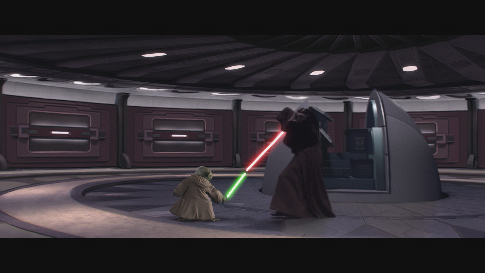 Yoda and Palpatine lightsaber duel in Star Wars Revenge of the Sith