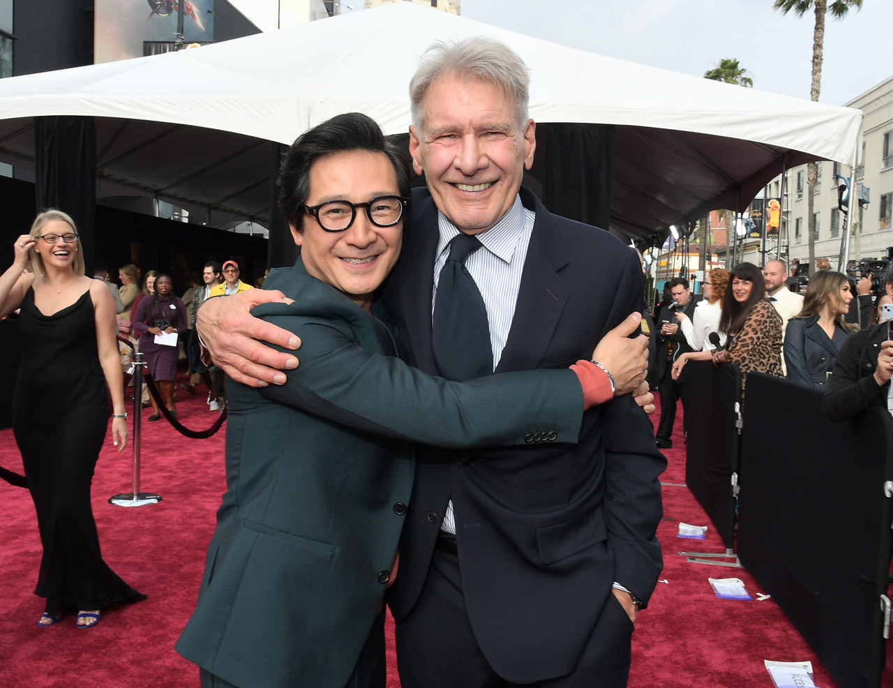 (L-R) Ke Huy Quan and Harrison Ford attend the Indiana Jones and the Dial of Destiny U.S. Premiere at the Dolby Theatre in Hollywood, California on June 14, 2023.