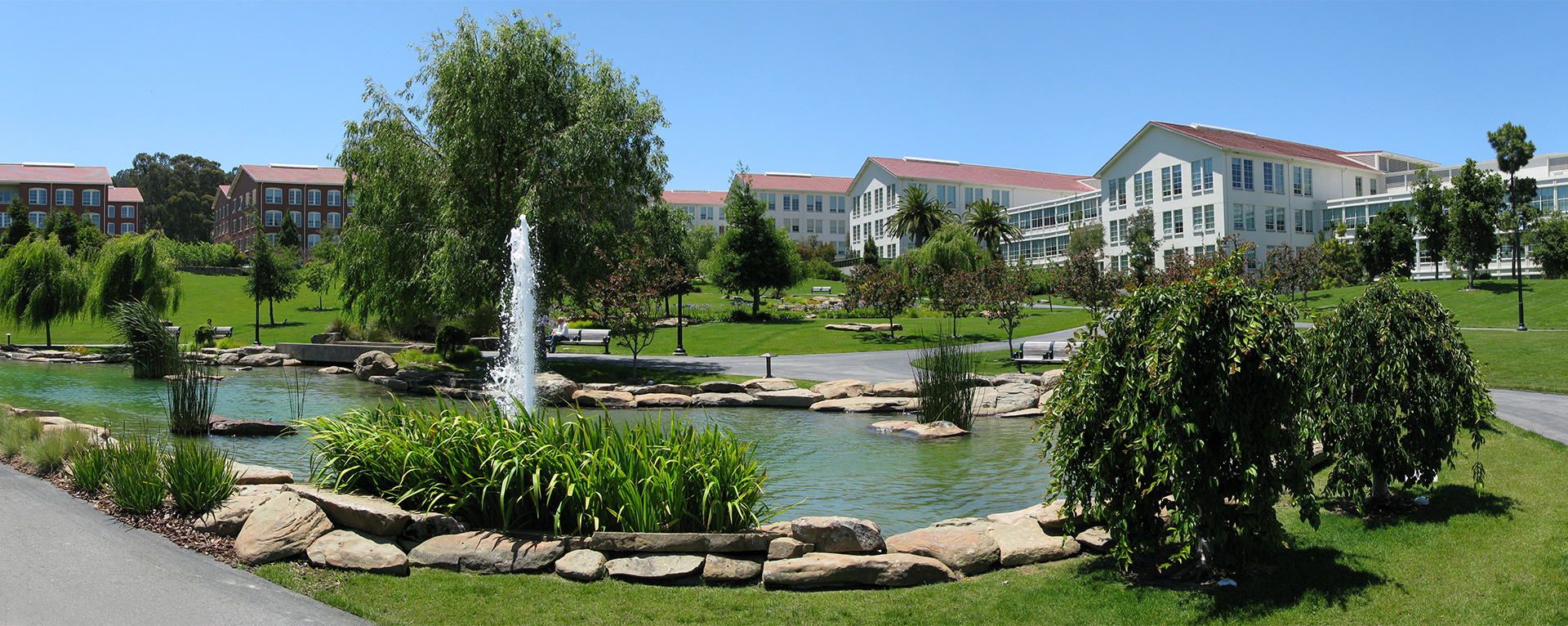 A wide view of a small park including green trees, a pond with a fountain, and a footpath behind the Letterman Digital Arts Center