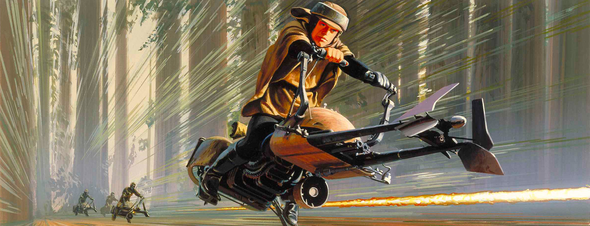 Concept art from Star Wars: The Empire Strikes Back. Luke drives a speeder bike through the forest of Endor with stormtroopers in pursuit.