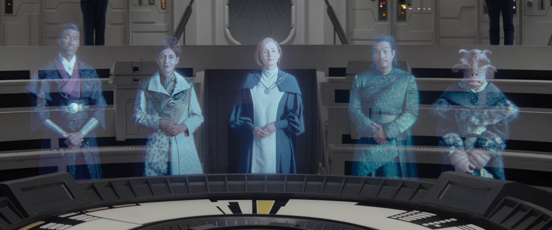 (L-R): Senator Mawood (Maurice Irvin), Senator Rodrigo (Jacqueline Antaramian), Chancellor Mon Mothma (Genevieve O'Reilly), Senator Xiono (Nelson Lee) and Gran Senator (Erica Duke) in Lucasfilm's STAR WARS: AHSOKA, exclusively on Disney+. ©2023 Lucasfilm Ltd. & TM. All Rights Reserved.