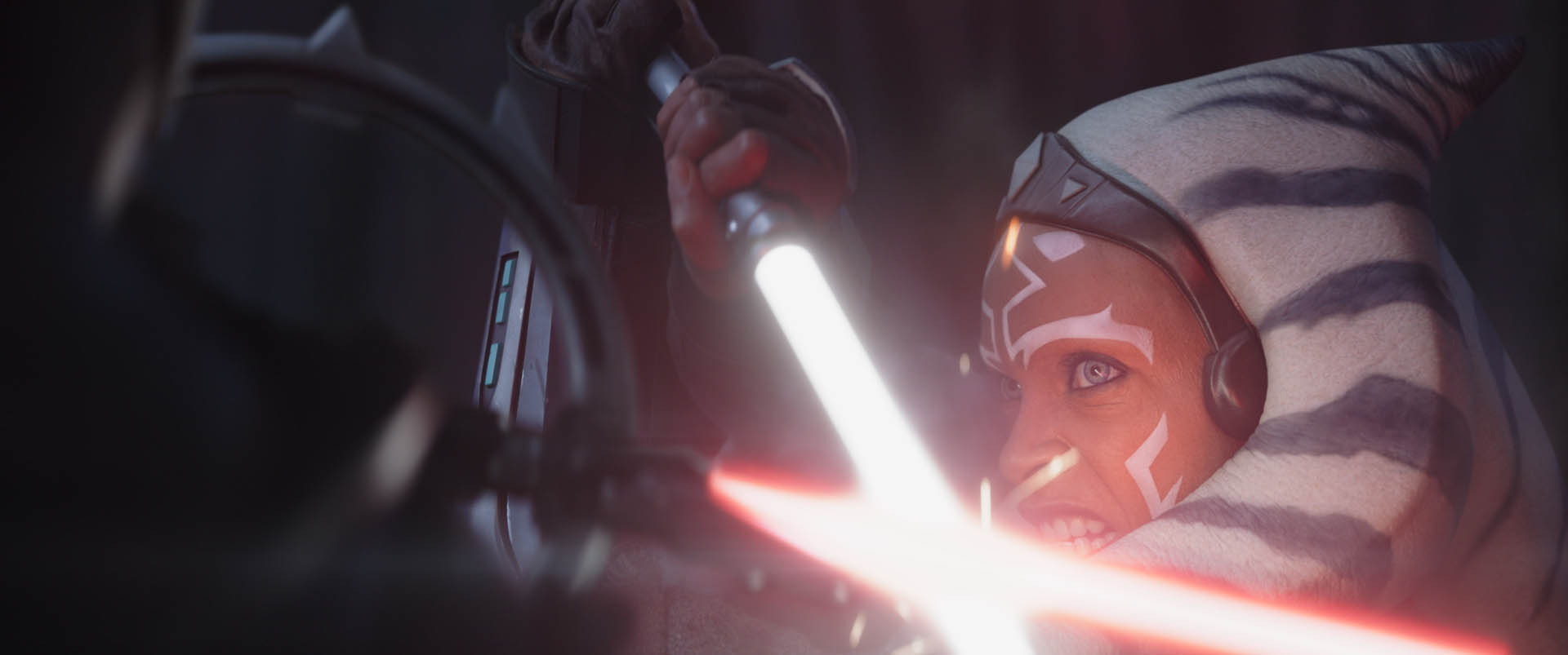 (L-R): Marrok (Paul Darnell) and Ahsoka Tano (Rosario Dawson) in Lucasfilm's STAR WARS: AHSOKA, exclusively on Disney+. ©2023 Lucasfilm Ltd. & TM. All Rights Reserved.