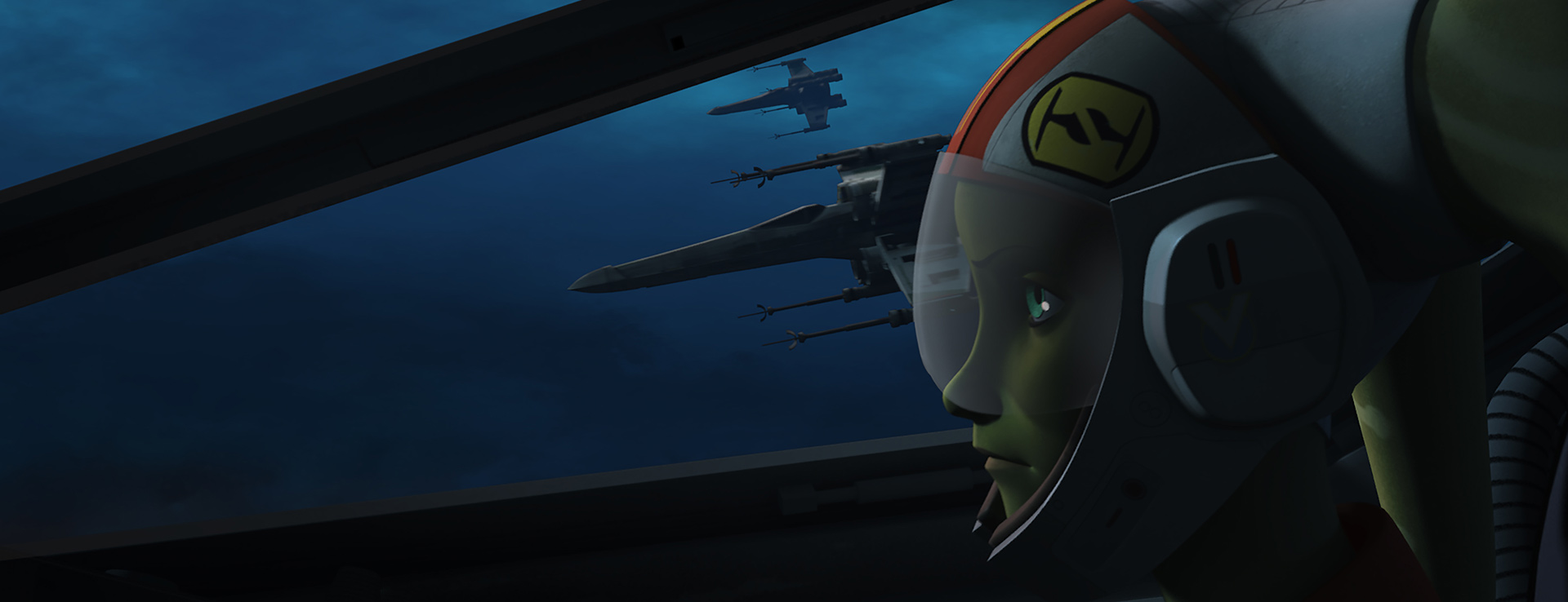 A still from the animated TV show Star Wars Rebels, featuring a close up of Hera Sundulla in profile, flying with a group of x-wings.