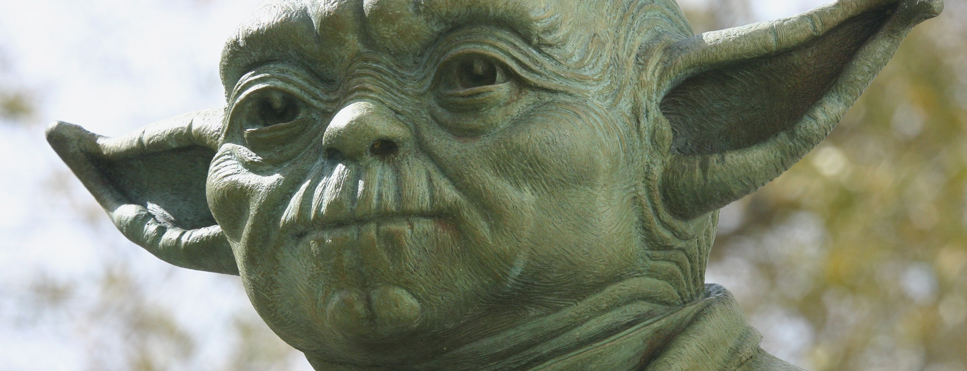 Close-up of the bronze Yoda fountain in front of Lucasfilm's offices