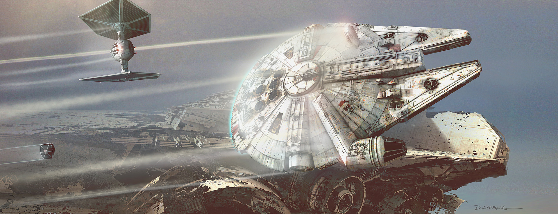 Concept art from Star Wars: The Force Awakens featuring a chase scene between the Millennium Falcon and two TIE fighters.