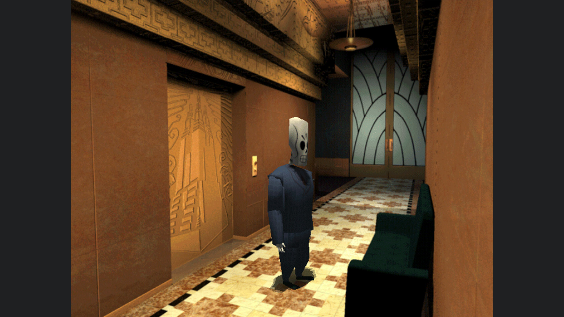 Manny Calavera in a hallway in Grim Fandango.