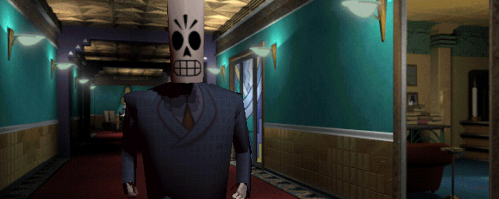 Manny Calavera running down a hallway in Grim Fandango.