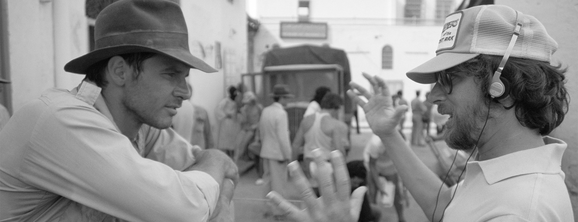 Harrison Ford and Steven Spielberg on location filming Raiders of the Lost Ark.