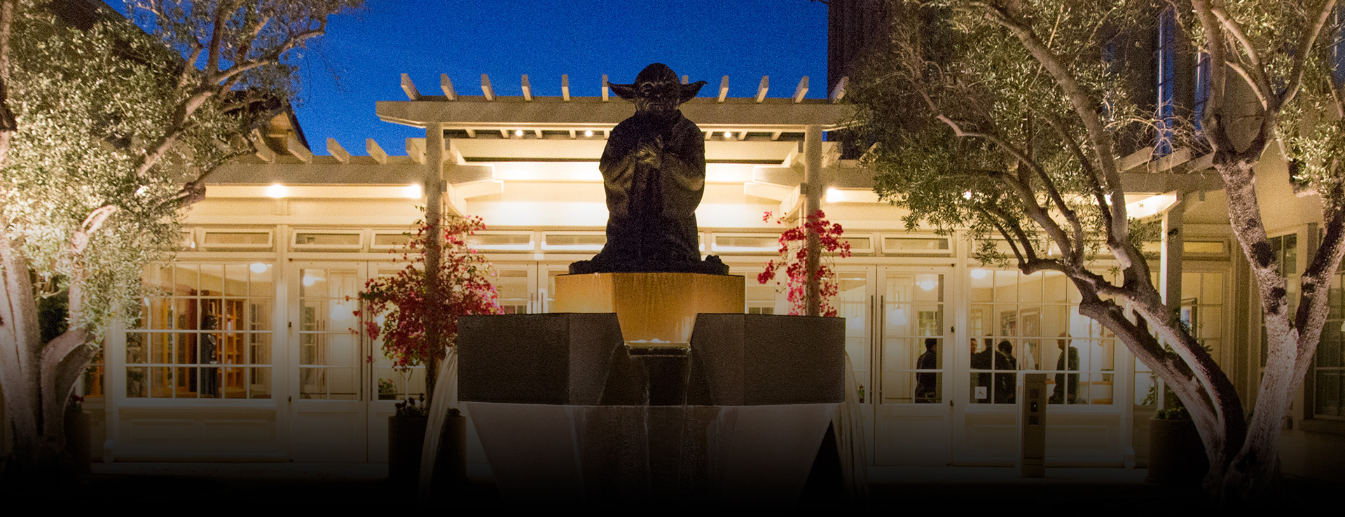 Yoda Fountain at Lucasfilm at nighttime