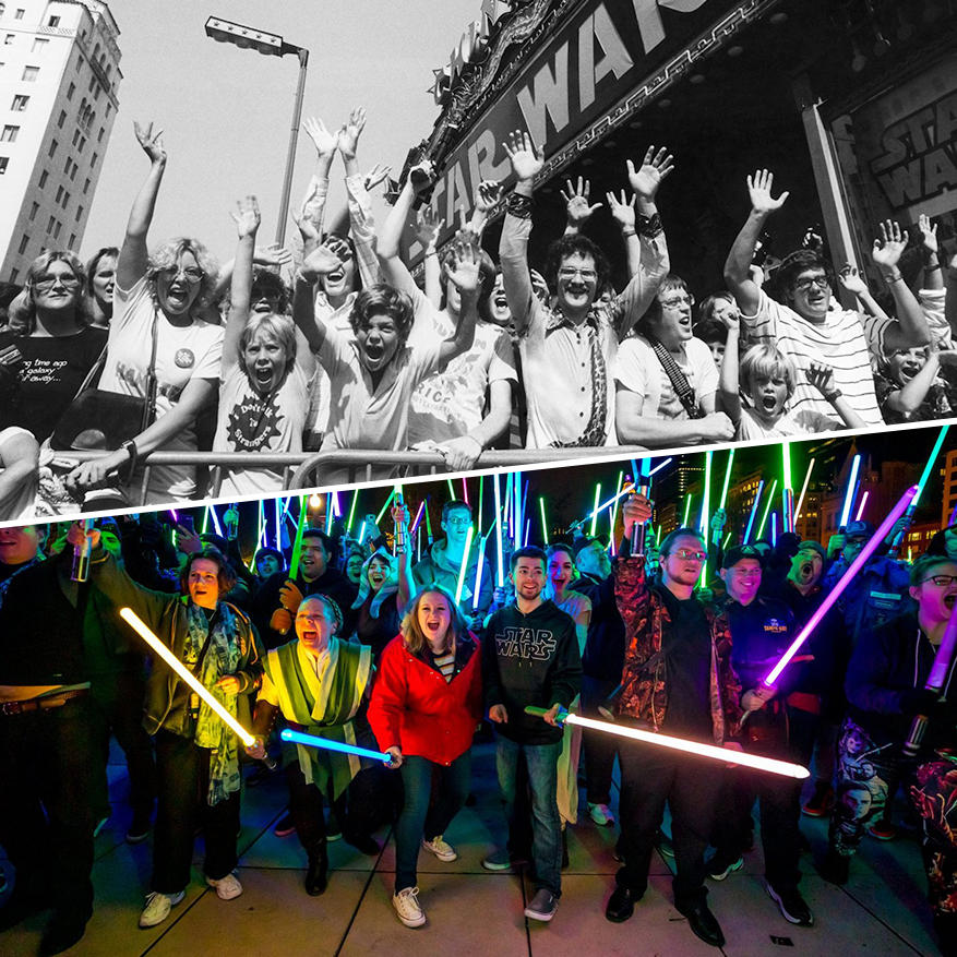 Split screen photo of Star Wars Premiere and Star Wars Celebration Chicago